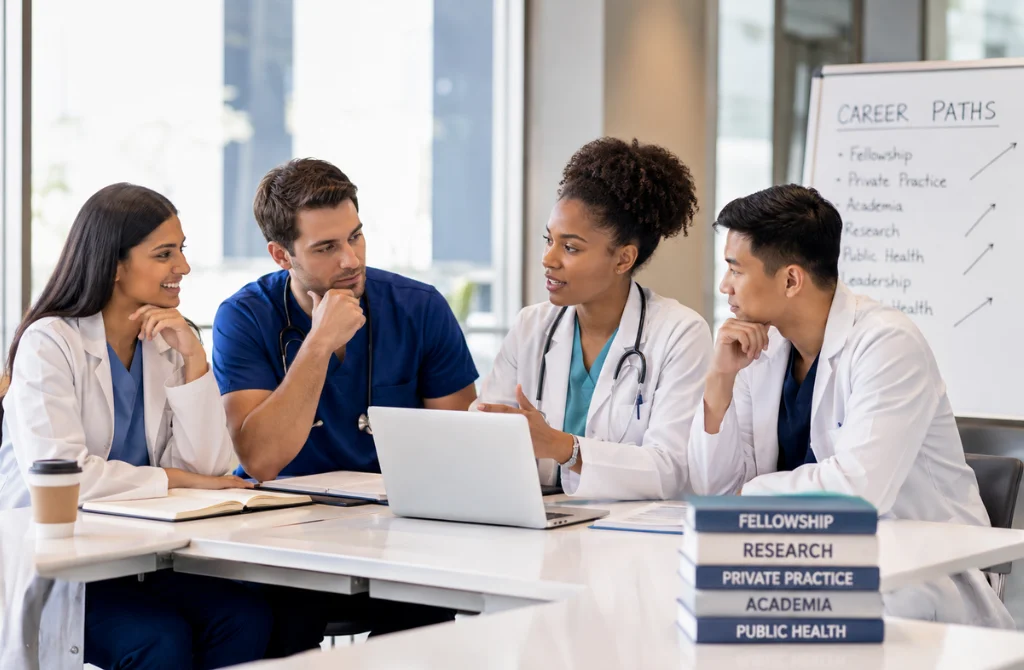 Doctors discussing career paths after completing medical residency training Doctors discussing career paths after completing medical residency training